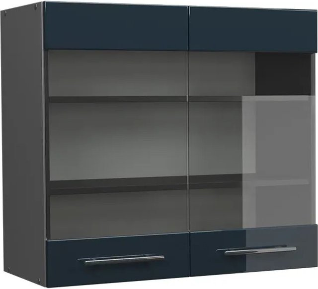 Vicco Glashängeschrank Fame-Line für die Küche in Anthrazit und Dunkelblau Hochglanz mit Soft-Close-Türen, B: 80 cm, H: 72 cm, T: 34,1 cm - Bild 2