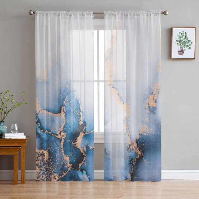 Transparente Vorhänge mit abstraktem Marmor-Aquarell-Design in Weiß und Blau aus Organza-Tüll, Breite: 135 cm, Höhe: 115 cm - Bild 1