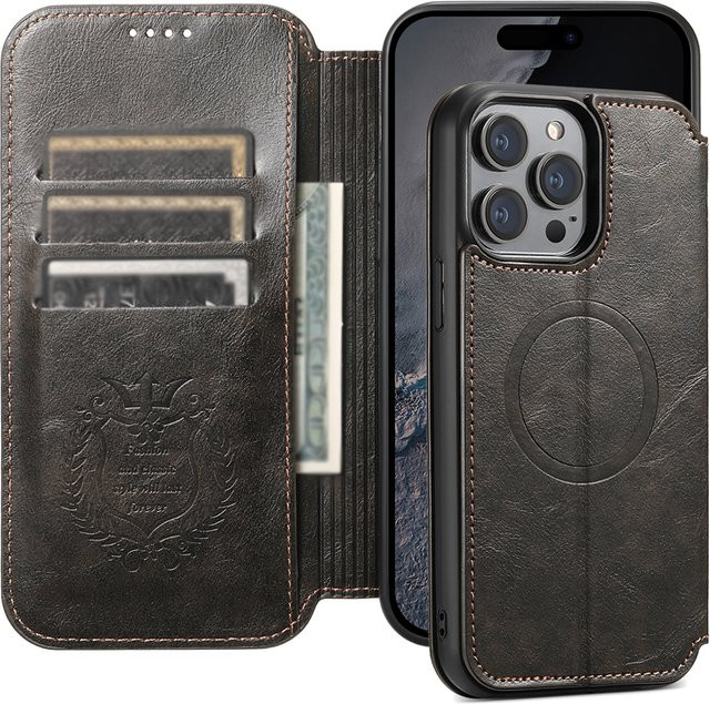 Suteni Magnetische Leder Handyhülle mit Kartensteckplatz und MagSafe Funktion als Flip-Cover für iPhone 17 16 15 14 13 12 Pro Max Plus in Blau und Braun - Bild 1