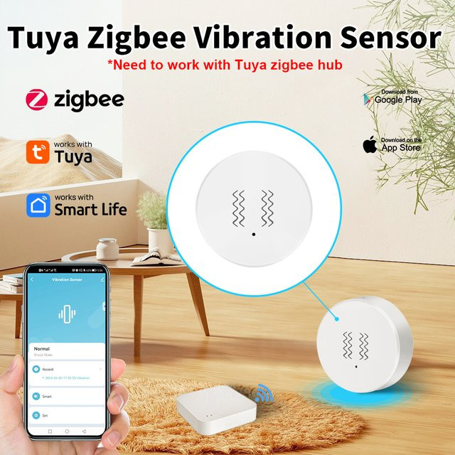 Tuya Zigbee Smart Vibrationssensor Neigungsmelder in Weiß mit SmartLife App Echtzeit-Benachrichtigung und Erschütterungsalarm - Bild 1
