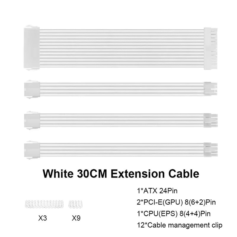 SENLIFANG Netzteil Verlängerungskabel Set in Schwarz, 4er Kit mit ATX 24pin, PCI-E 6+2pin, 8pin und EPS 4+4pin, 300mm Länge, 18AWG - Bild 2