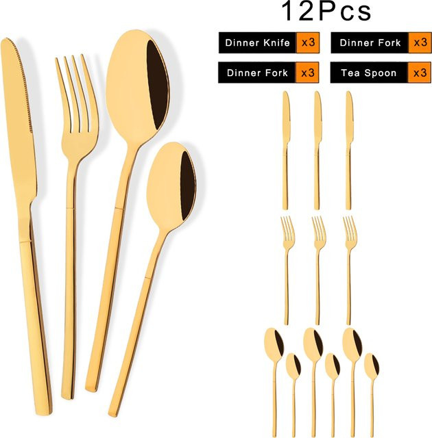Uniturcky 12-teiliges Besteckset aus Edelstahl in Gold und Silber, bestehend aus Messern, Gabeln, Löffeln und Teelöffeln, poliert - Bild 1