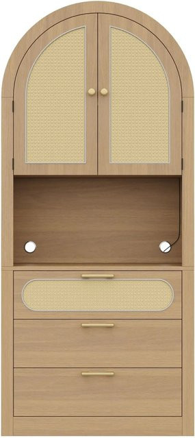 Merax Vitrinenschrank Hell-Eiche mit Rattantüren und LED-Beleuchtung, B/T/H: 80 x 35 x 180 cm - Bild 1