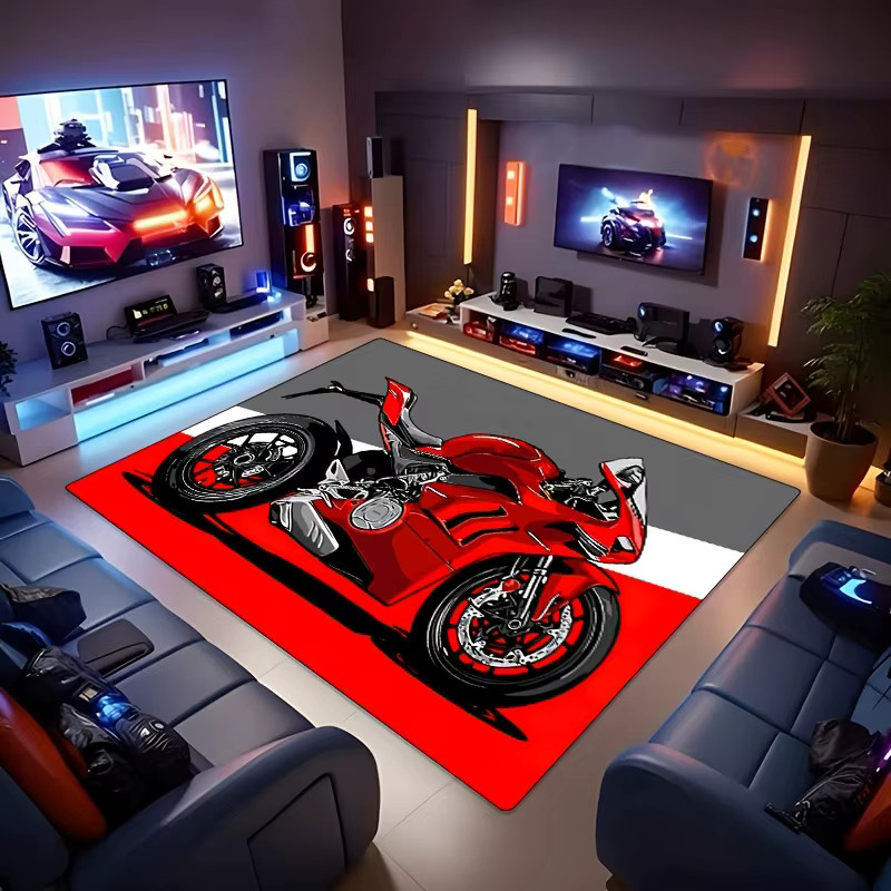 VIKAMA Motorrad-Teppich in Rot, rutschfester Bodenmatten-Design für Wohnzimmer und Schlafzimmer - Bild 4