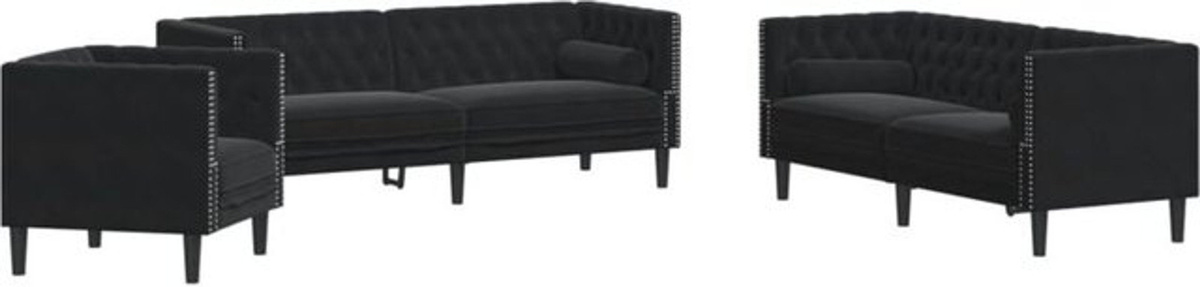 Vidaxl 3-tlg. Chesterfield Sofa Set aus Samt mit Nackenrollen in Schwarz - Bild 1