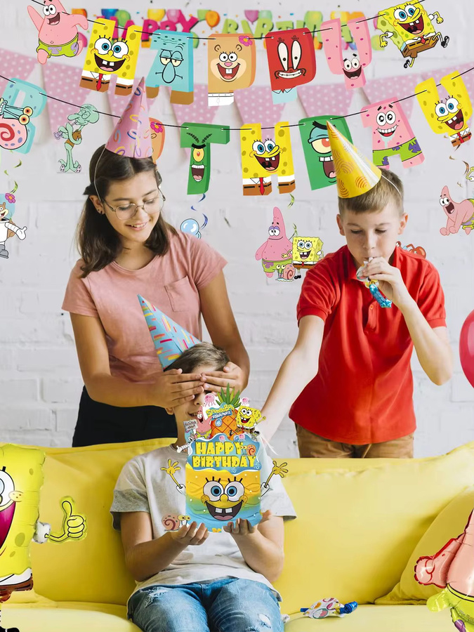 38-teiliges SpongeBob Party-Dekorationsset von Potdemiel in Mehrfarbig mit Banner, Tischdecke, Luftballons und Zubehör für Kindergeburtstage - Bild 2