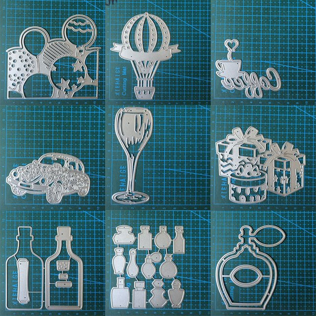 Metall Stanzform für Bastelarbeiten in Silber mit Motiv Weinglas, Flasche, Ballon, Kaffeetasse und Werkzeugformen - Bild 1