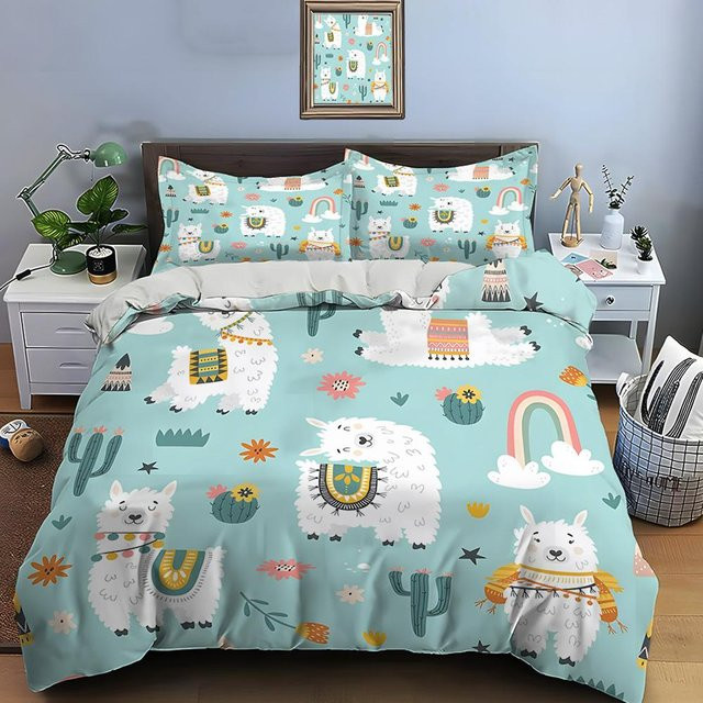 Wucifang Bags Bettwäsche Set mit Llama Alpaka Motiv in Blau, 3-teilig aus Mikrofaser, B/H: 150 x 200 cm - Bild 1