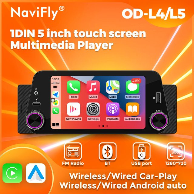 Navifly Android Autoradio mit 5 Zoll Display, Bluetooth, GPS, CarPlay und FM-Radio, Schwarz - Bild 1