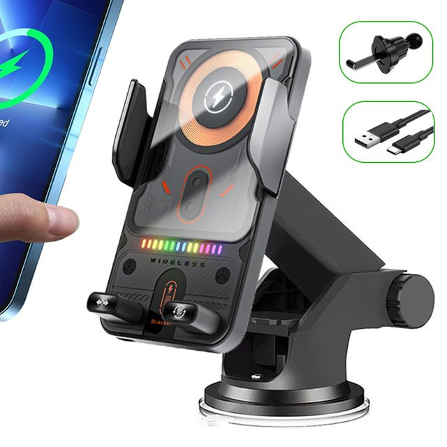 Opansten Kabellose Auto-Ladestation mit RGB-Beleuchtung und 360 Grad Rotation, Smartphone-Halterung mit Clamping-Funktion für iPhone und Samsung, Schwarz/Multicolor - Bild 1