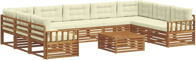 vidaXL Sofagarnitur aus Massivholz Akazie in Natur und Beige, 10-teiliges U-Shape Gartenmöbel-Set mit wetterfesten Polstern und Latten-Design - Bild 1
