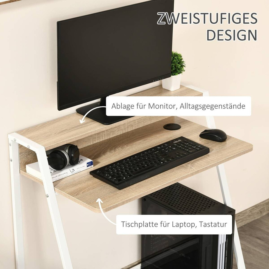 HOMCOM Schreibtisch in Weiß und Eiche mit Metallgestell und Kabeldurchlass, B/T/H: 84 x 45 x 85 cm - Bild 4