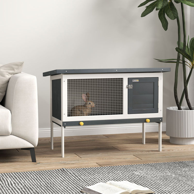 PawHut Kleintierstall aus Massivholz mit Teerpappe-Dach in Dunkelgrau Weiß Grün, B/T/H: 90 x 45 x 65 cm, ideal für Kaninchen und Nagetiere - Bild 3