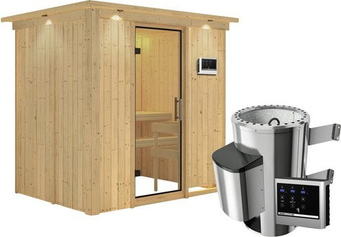 Karibu Sauna Kircholm aus Fichtenholz in Beige inklusive 3.6 kW Saunaofen mit externer Steuerung für 3 Personen, B: 202.0 cm, T: 165.0 cm, H: 210.0 cm - Bild 1