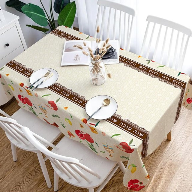 Wasserdichte Tischdecke Beau Maison für Rosh Hashanah, Shana Tova Jüdischer Feiertag, Grau/Beige, B: 90 cm, T: 140 cm - Bild 1