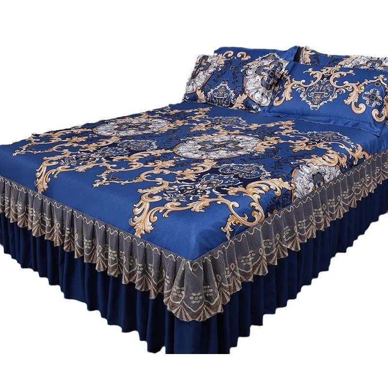 Dreiteiliges Bettset Super Six mit koreanischem Spitzenbettrock in Blau, doppellagige und rutschfeste Bettdecke aus Polyester, B/T: 0,99 x 1,9 m - Bild 3