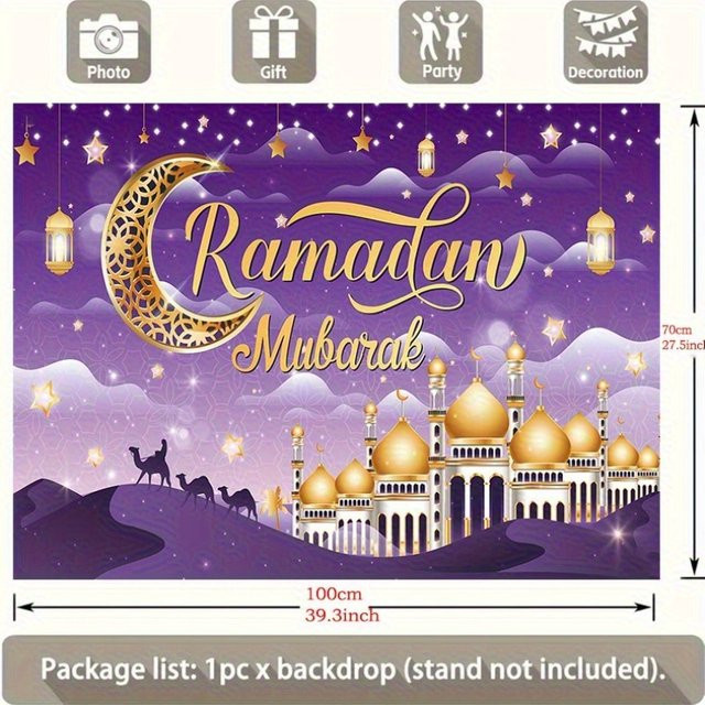 VIKAMA Eid Mubarak Fotografie-Hintergrund für Ramadan Party-Dekoration in Lila mit goldenem Halbmond und Sternen - Bild 1