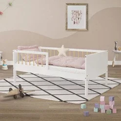 ML-Design Kinderbett mit Lattenrost und Rausfallschutz aus Kiefernholz, Weiß/Natur, B: 70 cm, T: 140 cm - Bild 1