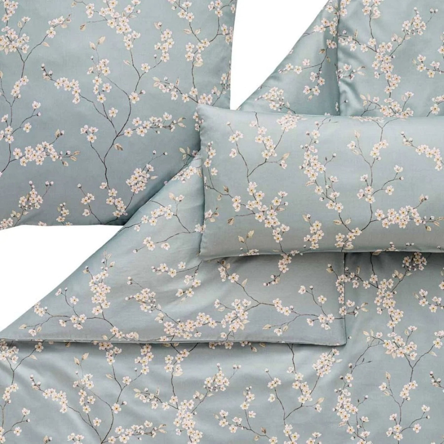 Estella Mako-Satin Bettwäsche Sakura Mint Kirschblüte Zweige mit Bettbezug und Kissenbezug, Farbe: Grün, B/H: 135 x 200 cm, Kissen: 80 x 80 cm - Bild 1