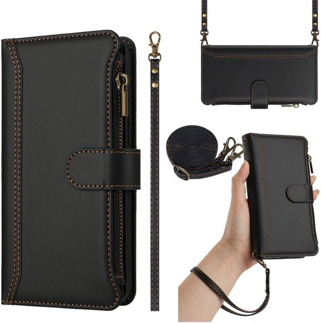 Leder-Brieftasche als Klapphülle für Google Pixel Modelle mit Kartenfächern, Reißverschlusstasche, Crossbody-Riemen und Handgelenkschlaufe in Schwarz und Gold - Bild 1