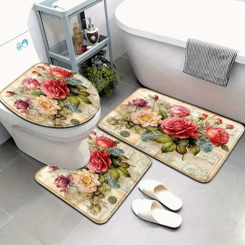 VIKAMA Vintage Blumen-Badematte im Ölgemälde-Stil, rutschfester und wasserabsorbierender Teppich in Multicolour - Bild 2