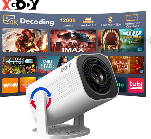 XGODY Gimbal 3 Pro 4K Mini Beamer mit Android, Wifi6 und Bluetooth 5.4, 300 ANSI, 1280x720P HD, Weiß