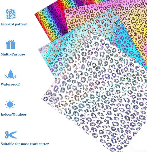 Findohope 4er-Set Holografisches Regenbogen Leopard Vinyl Klebefolie für DIY Bastelarbeiten, B/H: 30,48 x 25,4 cm, Mehrfarbig - Bild 1