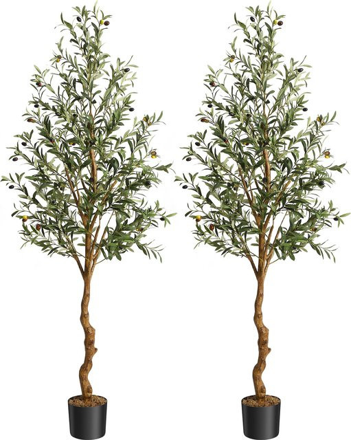HiMISS Künstlicher Olivenbaum mit echtem Holzstamm und grünen Blättern in schwarzem Topf - Bild 1