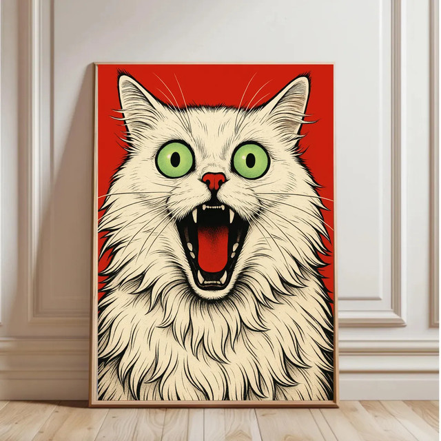 Pop-Art Kunstdruck von SHENCHEN mit schreiender weißer Katze auf rotem Hintergrund, rechteckige Wanddekoration im Boho-Stil aus Papier - Bild 1