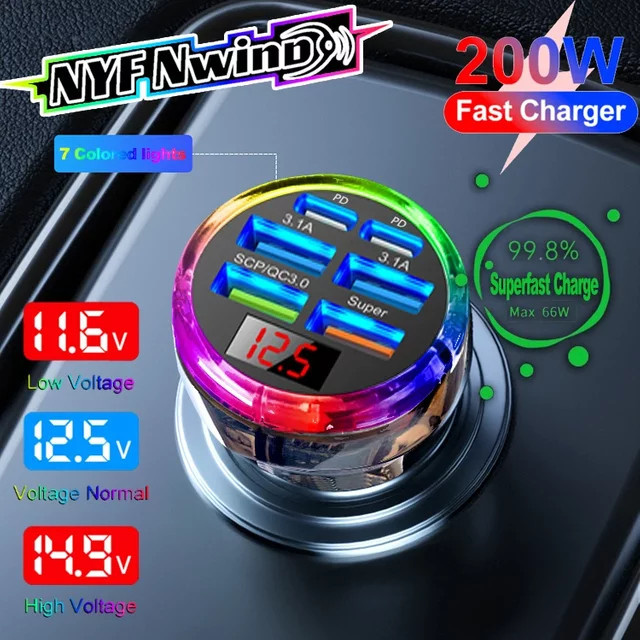 Sikeo 200W 6-in-1 Multi-Port Autoladegerät mit digitaler Fahrzeuganzeige und Superschnellladefunktion für Mobiltelefone - Bild 1