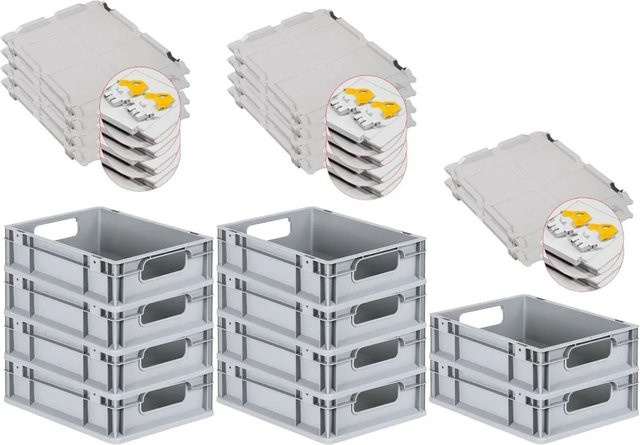 PROREGAL Spar Set 10x Eurobox Nextgen Economy mit Scharnierdeckel und gelben Schiebeschnappverschlüssen, Grau, H x B x T: 12 x 30 x 40 cm - Bild 1