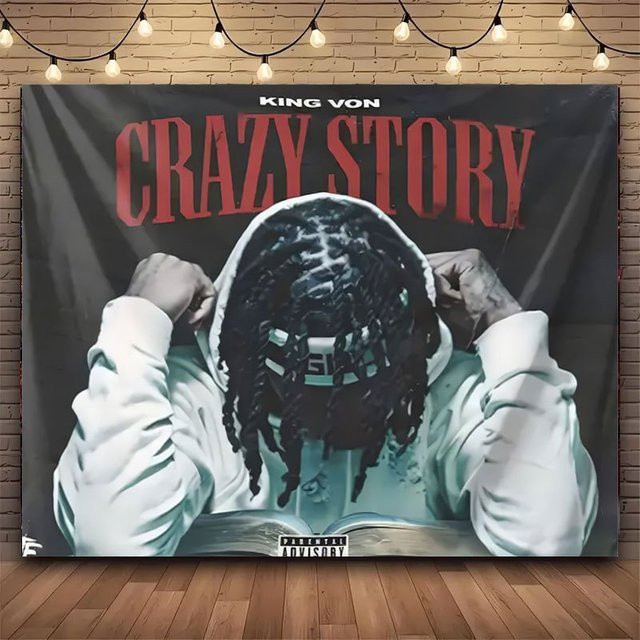 VIKAMA King Von Crazy Story Wandteppich Hip-Hop Album Cover Wandbehang Musik Wandkunst, Mehrfarbig - Bild 1