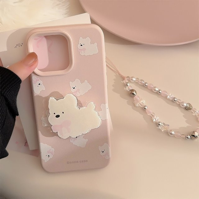 Potdemiel Handyhülle mit Armband im Koreanischen Cartoon-Welpen-Design für iPhone 11 bis iPhone 17 Pro Max in Pink, stoßfeste und weiche Schutzhülle - Bild 1