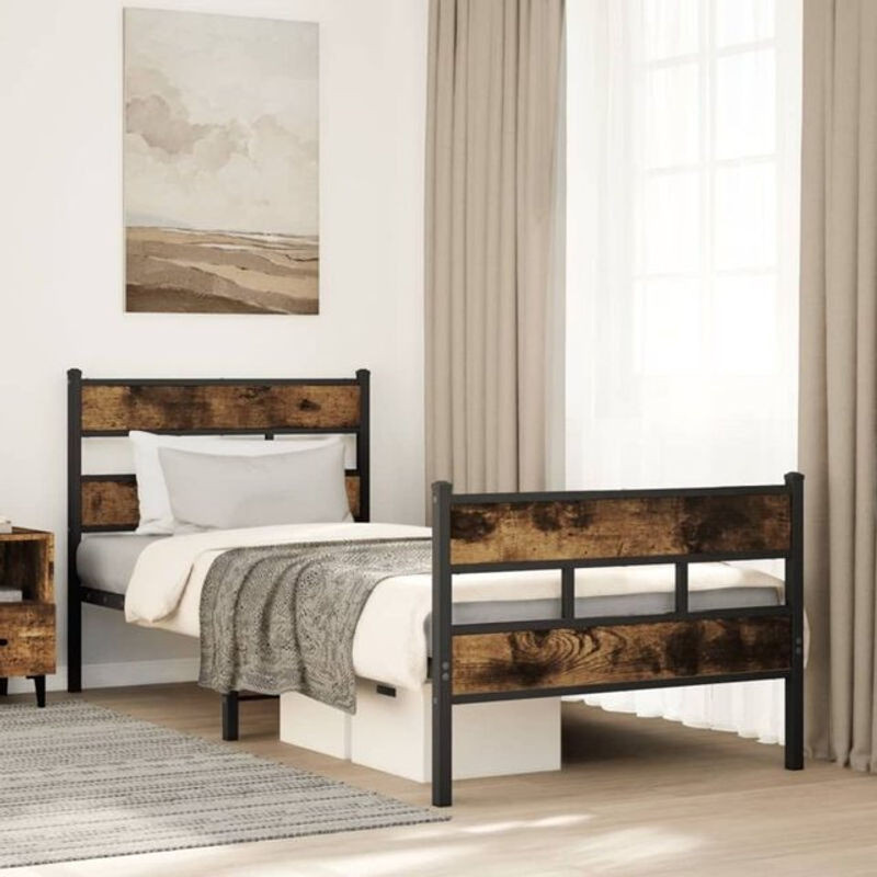 Metallbett Vidaxl im Industrial Design aus Metall und Holzwerkstoff in Räuchereiche und Schwarz, B/T/H: 100 x 190 x 91,5 cm - Bild 1