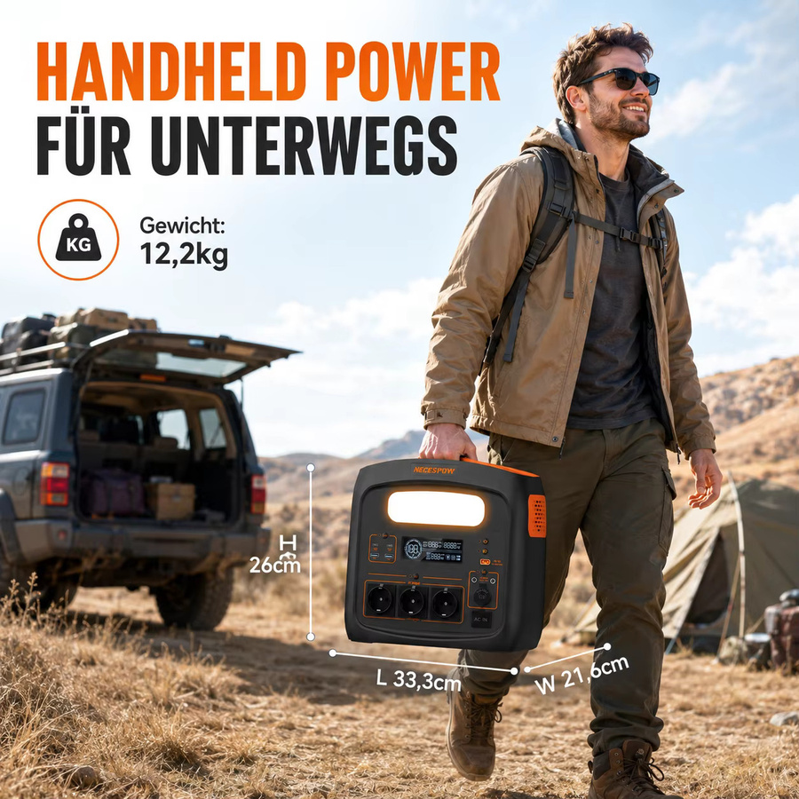 Tragbare Powerstation NECESPOW N1200 in Schwarz mit 1024Wh Kapazität, 1800W Leistung, LiFePO4 Akku, Solargenerator mit UPS-Funktion, 1000W AC, PD100W und LED-Licht für Camping und Notfälle - Bild 7