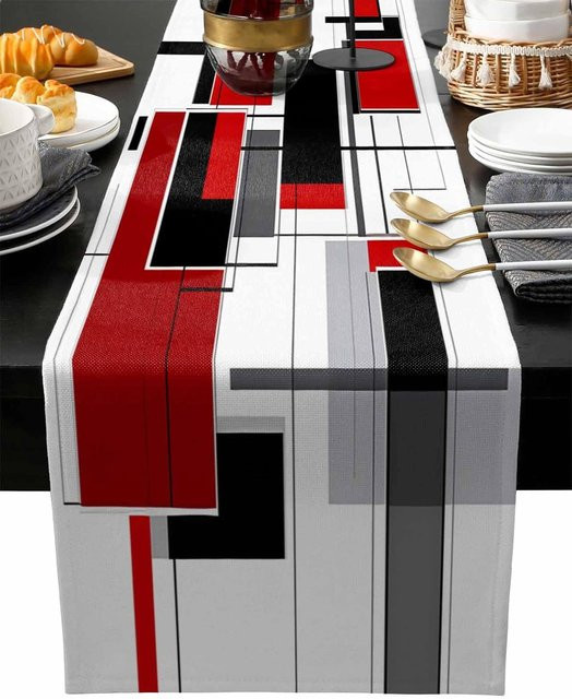 JINGYUE Pet Tischläufer aus Leinen mit geometrischem Boho-Design in Rot, Weiß, Schwarz und Grau, B/H: 33 x 150 cm - Bild 1