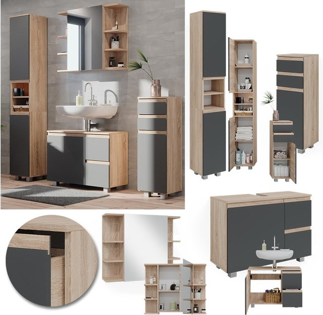 Vicco Badmöbelset J-Shape in Sonoma Eiche und Anthrazit, 4-teiliges modernes Badezimmer-Set mit Waschtischunterschrank, Spiegelschrank, Midischrank und Hochschrank - Bild 1