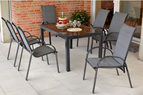 Merxx Gartenmöbelset Amalfi 7-teilig aus Aluminium und Textil in Silber und Grau mit ausziehbarem Tisch B: 140 cm, T: 90 cm, H: 70 cm - Bild 1