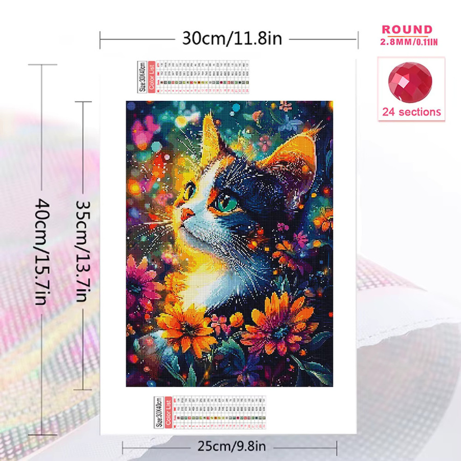 EverShine 5D Diamant Stickerei Set Katze mit Blumen Motiv, Mosaik Tier Bild als DIY Handwerk Kit, Mehrfarbig, B: 30,0 cm, H: 20,0 cm - Bild 2
