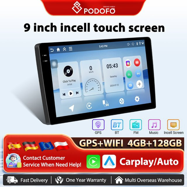 Podofo 9 Zoll Carplay und Android Auto Multimedia System mit GPS, WiFi, Bluetooth und DSP in Schwarz - Bild 1