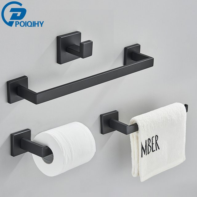 Poiqihy Bad-Zubehör Set aus Metall in Schwarz, Wandmontage mit Toilettenpapierhalter - Bild 1