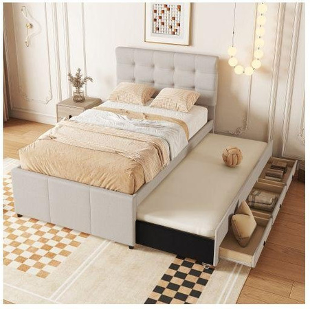 Gepolstertes Bett MUVOE in Beige mit 3 Schubladen und verstellbarem Kopfteil, B/T/H: 90 x 200 cm