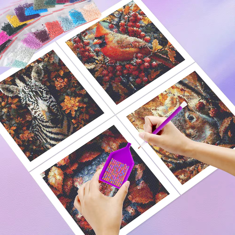 HUACAN 4er Set Diamantmosaik DIY 5D Malerei mit runden Bohrern Motiv Tiere Herbst Dekor in Mehrfarbig - Bild 2