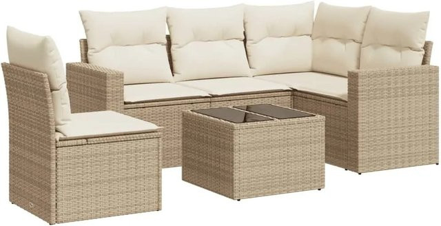 vidaXL 6-teilige Garten-Sofagarnitur in L-Form aus PE-Rattan und pulverbeschichtetem Stahl mit cremeweißen Kissen in Beige - Bild 1