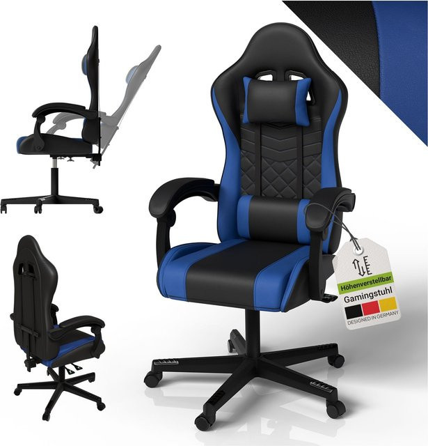 Juskys Gamingstuhl HyperSeat aus Kunstleder mit gepolsterten Armlehnen und Kopfstütze, Schwarz/Blau, H x B x T: 131 x 67 x 120 cm - Bild 1
