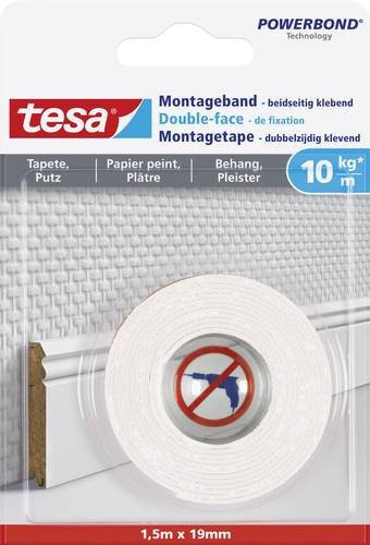 tesa Powerbond Montageband für Tapeten und Putz Weiß, Länge: 1,5 m, Breite: 19 mm - Bild 1