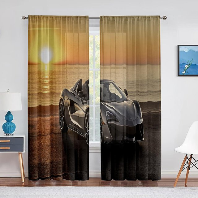 Transparenter Voile-Vorhang mit Speed-Sportwagen Motiv in Schwarz und Multicolour, Chiffon-Fensterdekoration mit Ösen, Breite: 100 cm, Höhe: 250 cm - Bild 1