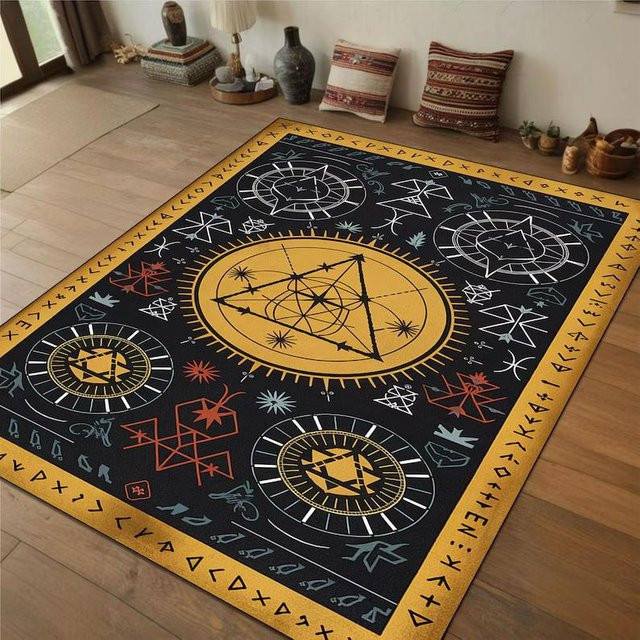 Mystischer Runen-Teppich von Lodestar mit okkulten Alchemie-Siegeln und heiliger Geometrie, Schwarz, B/H: 60 x 40 cm - Bild 1