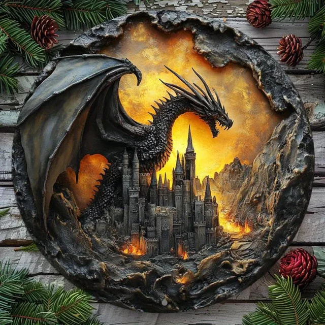 DragonVintageCharm ™ Runde Wanddekoration aus Aluminium mit Drachenmotiv im Vintage-Stil, Durchmesser: 20 cm - Bild 1
