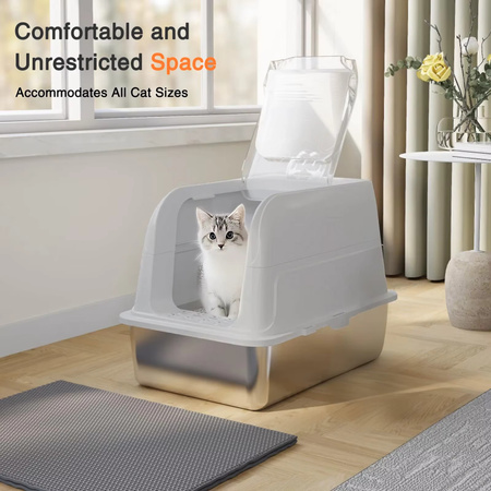 KEMORELA geschlossene Katzentoilette aus Edelstahl mit Deckel und Schaufel, auslaufsicheres Katzen-Tablett aus Metall in Grau oder Weiß